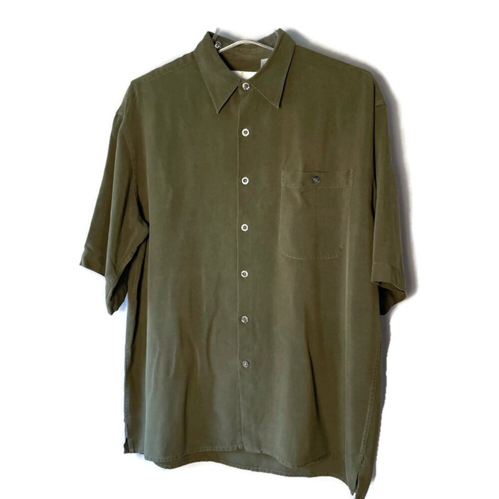 Bill Blass 100% Silk Med Mens Casual Button Front Short Sleeve Shirt Olive Green